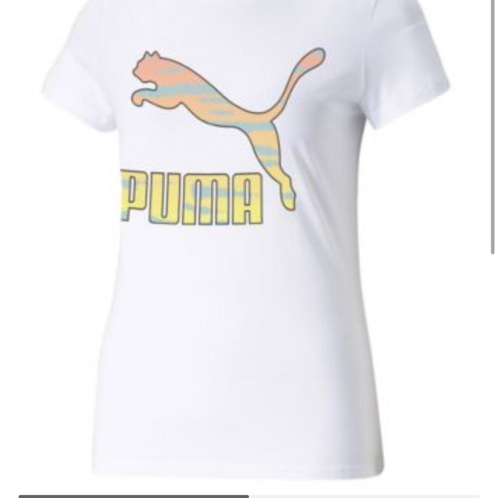 Puma T-Shirt NWT White Tie-Dye Cat Logo. Short Sleeve Crewneck Womens Small